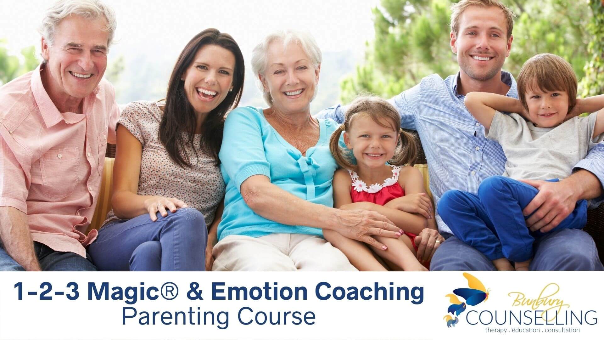 Picture shows group of people on smiling on a couch, presumably representing a grandparents, parents and children