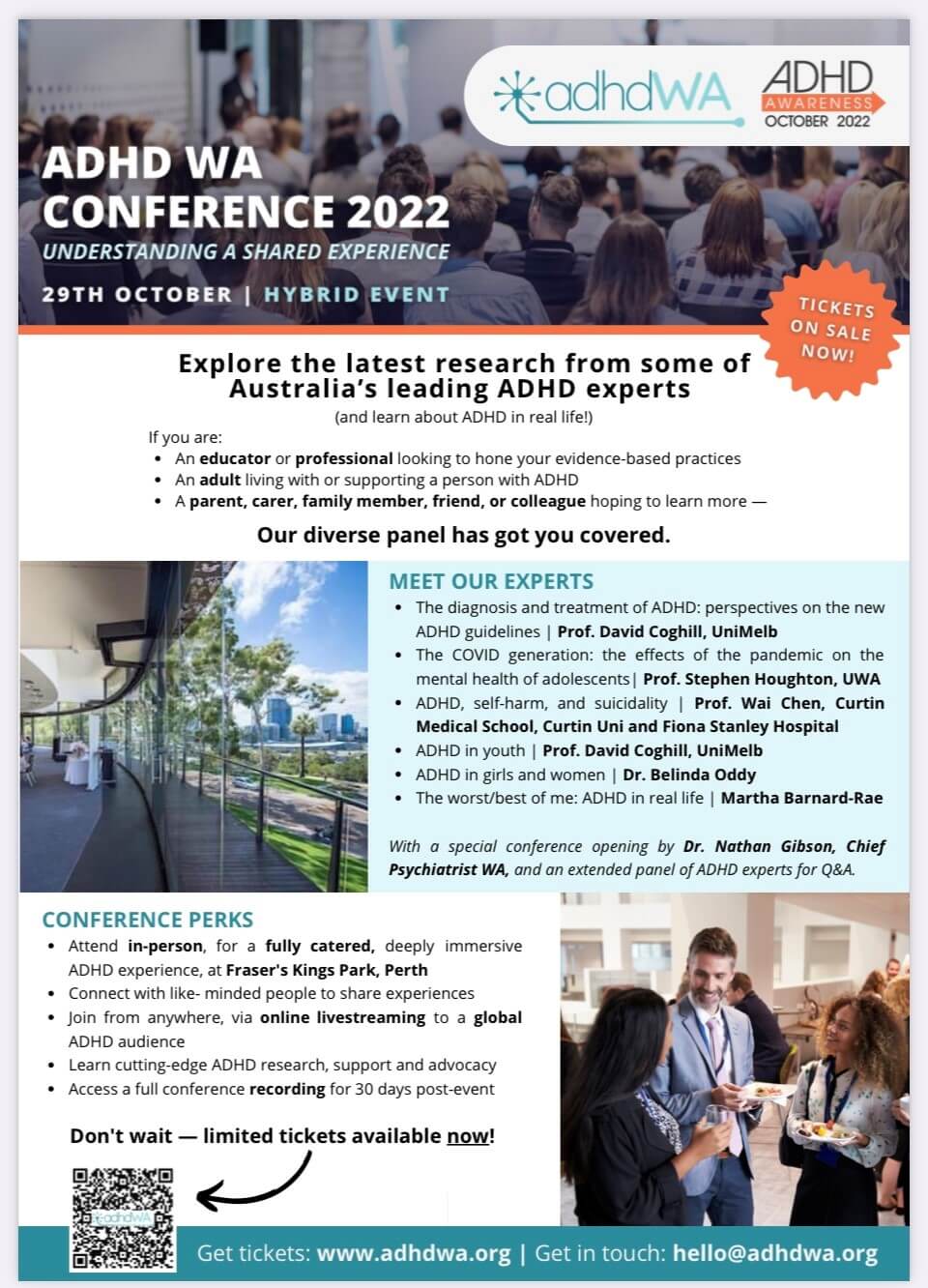 Conference brochure contains details as above, a photo of Kings Park, and a photo of three people talking with a small plate of food in their hands.