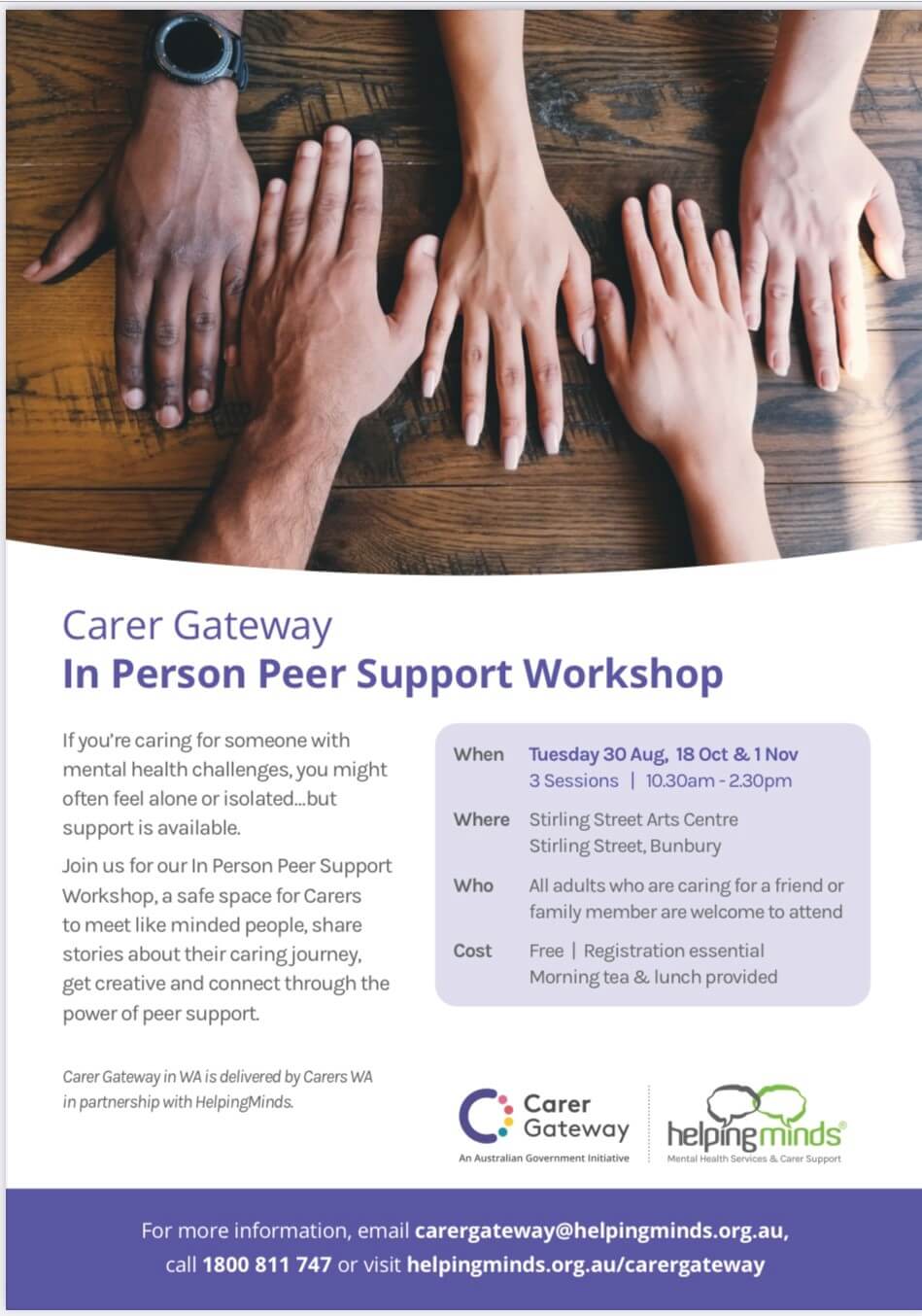 Brochure attached contains details listed above, and a photo of five different peoples hands.