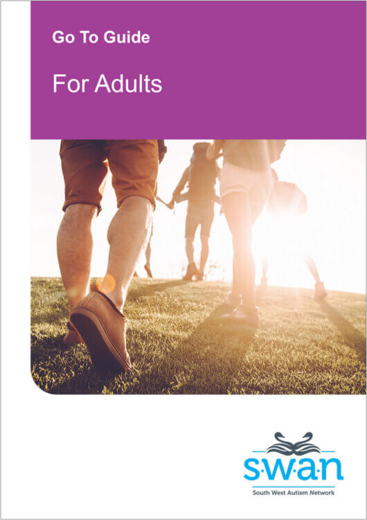 Image of SWAN's Go To Guide For Adults. Across the top is a purple box with white text reading 'Go To Guide - For Adults'. Below that is an image of the legs of 3 adults walking away from the camera, and the SWAN logo in the bottom right hand corner.